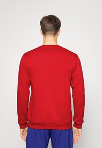 Sweatshirt rouge avec un col ras du cou et des manches longues. Texture lisse, poignets et ourlet côtelés, porté sur un short bleu. Vue de dos montrée.
