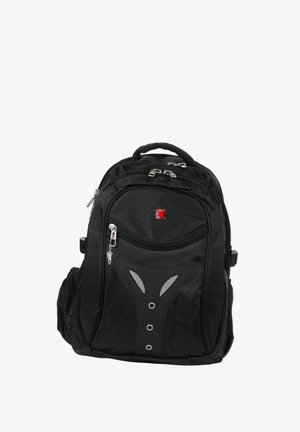 Sac à dos noir avec une surface lisse et texturée. Comprend plusieurs zips, un compartiment central et un design ergonomique avec des accents.