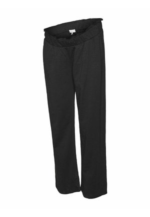 Pantaloni negri, largi, cu un brâu elastic, dintr-un material texturat și cu o siluetă relaxată, potriviți pentru îmbrăcămintea casual.