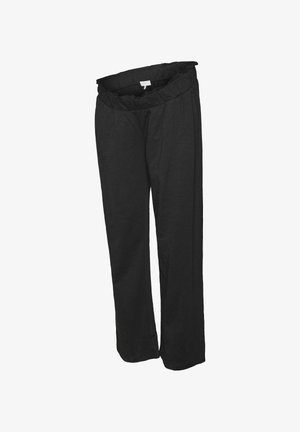 Čierne, voľné nohavice s elastickým pásom, vyrobené z textúrovaného materiálu a s uvoľneným strihom, vhodné na voľný čas.