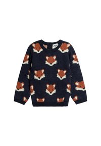 Granatowy sweter dziecięcy z powtarzającymi się wzorami twarzy lisa w kolorze rdzy i białym, z długimi rękawami i okrągłym dekoltem.