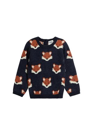 Granatowy sweter dziecięcy z powtarzającymi się wzorami twarzy lisa w kolorze rdzy i białym, z długimi rękawami i okrągłym dekoltem.