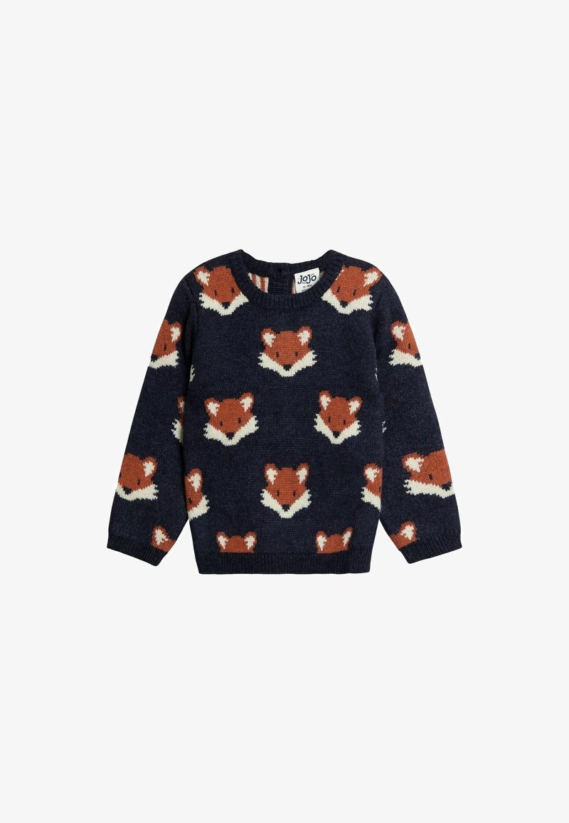 Jūras zila bērnu džemperis ar atkārtotiem rūsu un baltu lapsu seju rakstiem, ar garām piedurknēm un apaļu kakla izgriezumu.