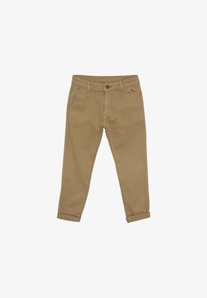 Khaki Baumwollhosen mit schmaler Passform, ausgestattet mit umgeschlagenen Säumen, Fronttaschen und einem einzigen Knopfverschluss. Glatte Textur ohne Muster.