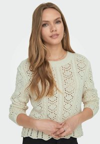 Strickpullover in Creme mit einem strukturierten Muster, featuring durchbrochene Designs, einem Rundhalsausschnitt und Rippenabschlüssen an den Ärmeln und am Saum.