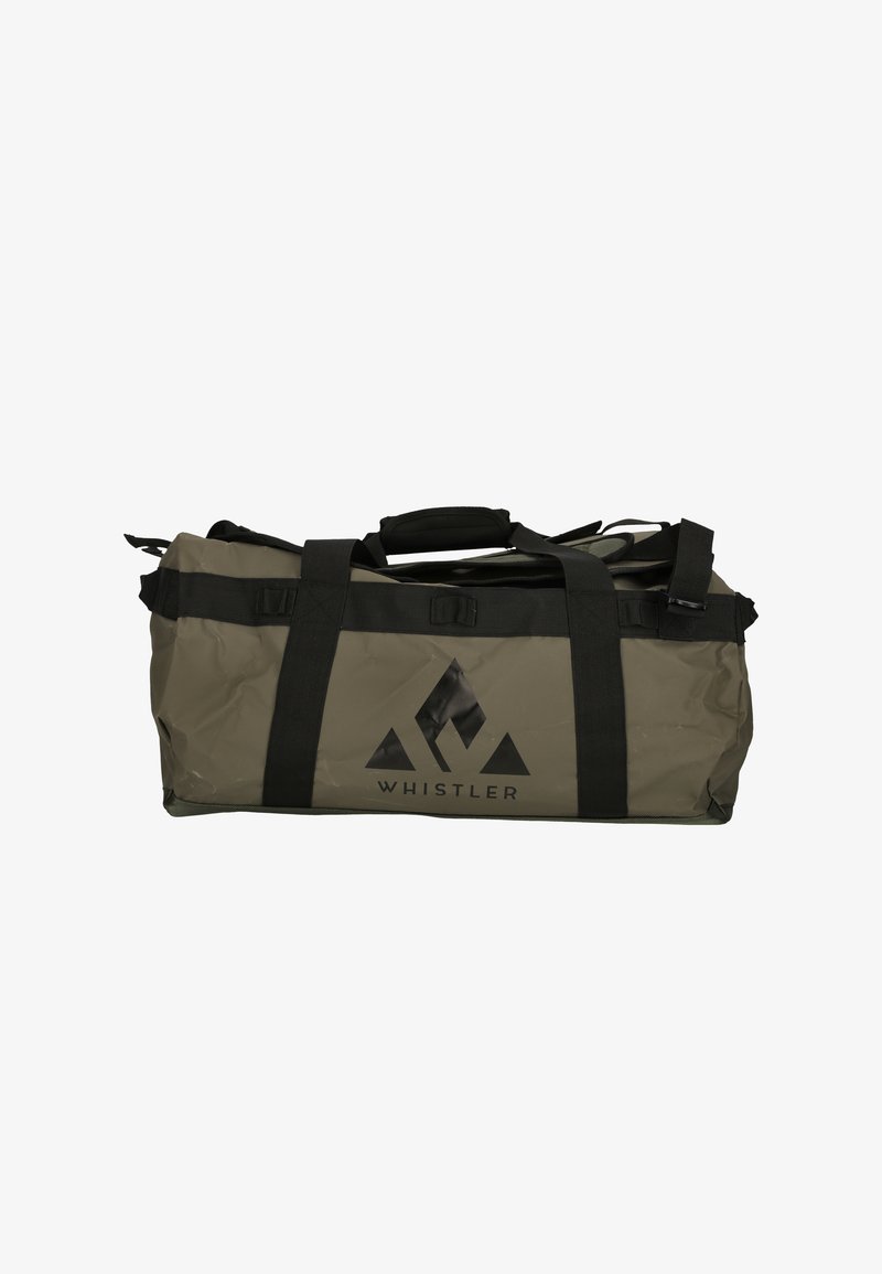 Duffle bag in olijfgroen, gemaakt van duurzaam materiaal. Voorzien van zwarte riemen en een logo. Rechthoekige vorm met verstevigde handvatten.