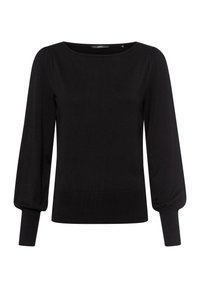 Schwarzes Langarmshirt mit rundem Ausschnitt, strukturierten Puffärmeln, gerippten Bündchen und einem taillierten Saum. Hergestellt aus weichem Strickmaterial.