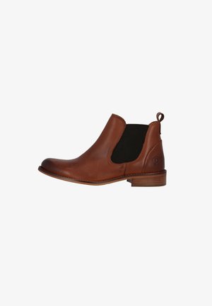 Bottine en cuir marron avec panneaux élastiques sur les côtés, bout rond et arrière texturé. Petite boucle au talon et talon bloc en bois.