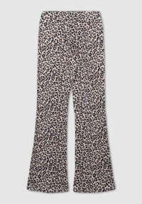Pantaloni a stampa leopardata in tessuto morbido e elasticizzato. Presentano un design a gamba larga con un colore di base neutro e macchie leopardate nere e marroni.