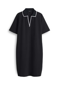 Schwarzes Polo-Kleid mit kurzen Ärmeln, das über einen weiß abgesetzten Kragen und einen Knopfverschluss am Ausschnitt verfügt. Hergestellt aus einem glatten Stoff.
