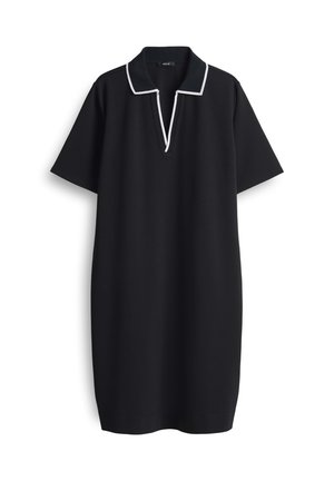 Black polo-style dress with short sleeves, featuring a white trimmed collar and a placket neckline. Made from a smooth fabric.