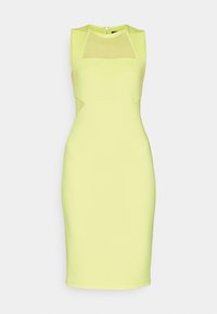 Robe sans manches jaune clair mi-longue avec un panneau transparent au niveau de l'encolure carrée et une taille cintrée.