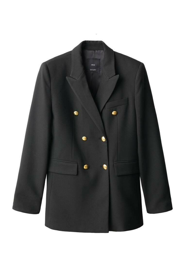 Zwarte dubbel-breasted blazer van soepel materiaal, voorzien van gouden knopen, pieklapels en twee voorzakken. Gestructureerde pasvorm.
