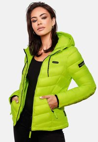 Bright green puffer jacket with a hood, featuring a zip closure, two side pockets, and black accents on the zippers and brand labels.