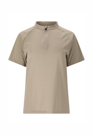 Beige sportliches Kurzarmshirt mit Viertel-Reißverschluss vorne und Stehkragen, aus leichtem, strukturiertem Stoff.