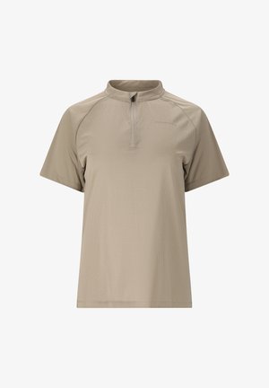 Beige sportliches Kurzarmshirt mit Viertel-Reißverschluss vorne und Stehkragen, aus leichtem, strukturiertem Stoff.