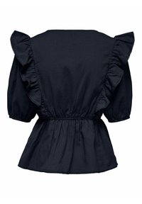 Blusa blu navy con maniche corte e puffate, dettagli arricciati lungo il colletto e le maniche, e una vita elastica per un effetto arricciato.