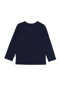 Marineblaues Langarmshirt aus weicher Baumwolle, mit Rundhalsausschnitt und geradem Schnitt, versehen mit einem kleinen Etikett an der Seite.