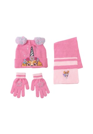 Set invernale rosa per bambini con berretto con pompon raffigurante un cane unicorno, guanti abbinati con motivi a stella e una sciarpa a righe con un applicazione di un cane fatato.