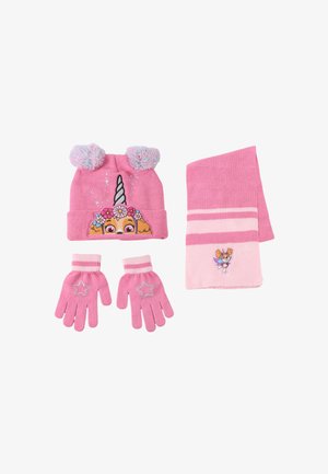 Set invernale rosa per bambini con berretto con pompon raffigurante un cane unicorno, guanti abbinati con motivi a stella e una sciarpa a righe con un applicazione di un cane fatato.
