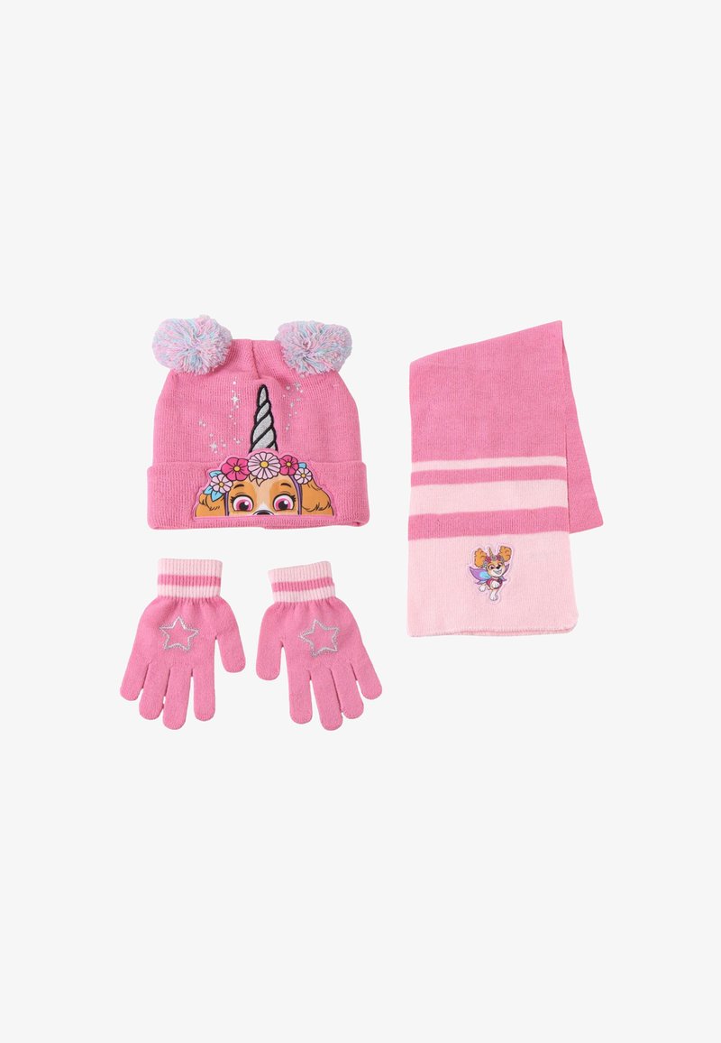 Kinderen winterset in het roze met een pomponmuts met een eenhoorn-hond, bijpassende handschoenen met sterrenpatronen en een gestreepte sjaal met een fee-hond patch.