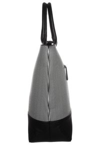 Pionowa torba w paski z czarnym spodem, wykonana z trwałego materiału. Posiada dwa czarne uchwyty oraz boczny zamek błyskawiczny do zamykania.