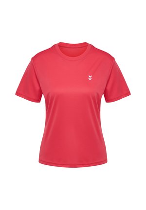 Rotes, kurzärmeliges Sport-T-Shirt aus glattem, leichtem Stoff. Mit einem kleinen weißen Logo auf der linken Brust. Runder Halsausschnitt.