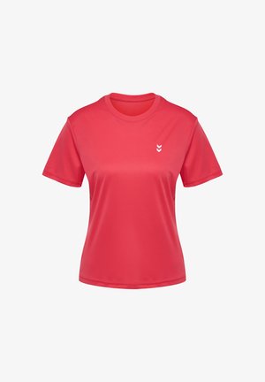 Röd sport-T-shirt med kort ärm gjord av slät, lättviktsmaterial. Har en liten vit logga på vänster bröst. Rund halsringning.