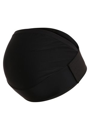 Fascia elastica per maternità nera con una texture liscia, tessuto elasticizzato e una larga banda elastica per comfort e supporto durante la gravidanza.