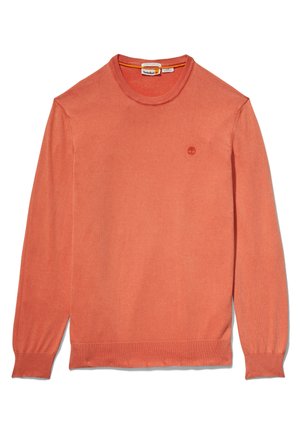 Herren Langarm-Rundhalspullover in gedämpftem Orange mit gerippten Bündchen und Saum, mit kleinem gesticktem Logo auf der linken Brust.