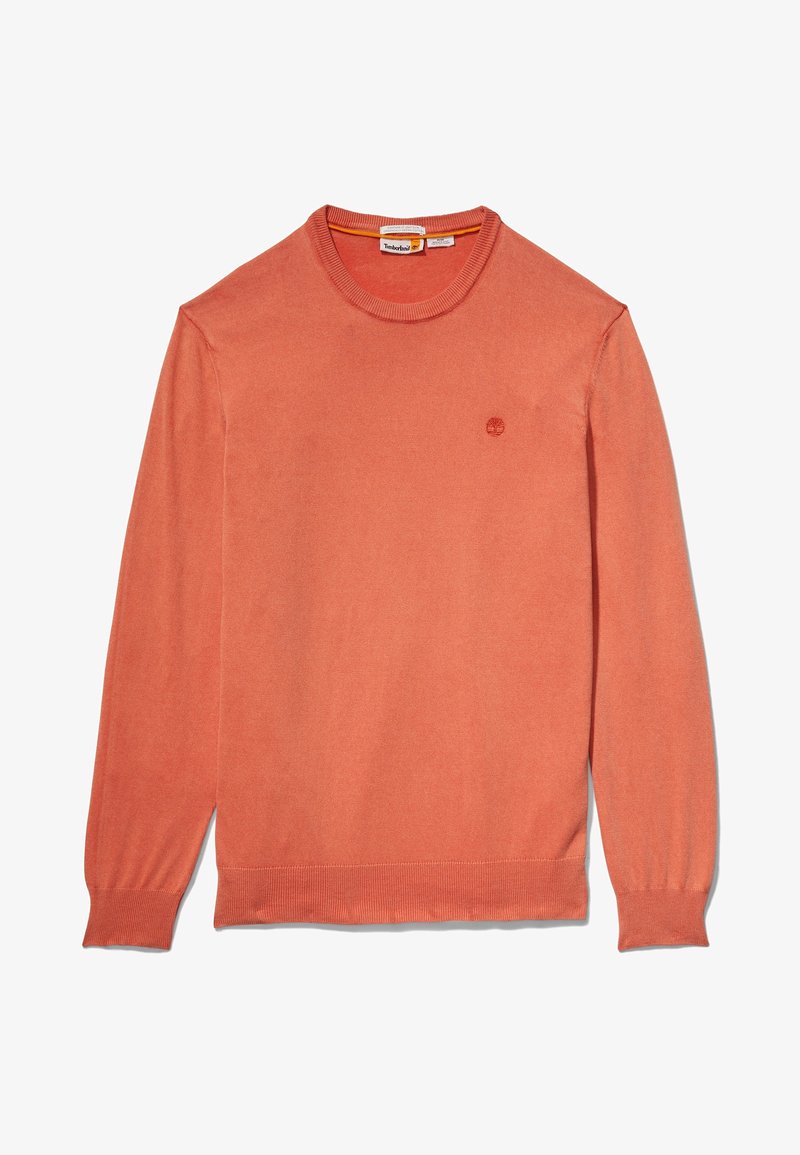 Pull homme à manches longues col rond orange atténué avec poignets et ourlet côtelés, avec un petit logo brodé sur la poitrine gauche.