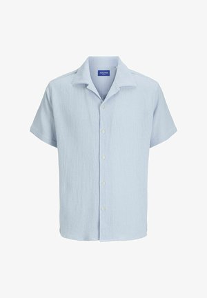 Light blue short-sleeve shirt made of textured fabric, featuring a spread collar and six buttons down the front.