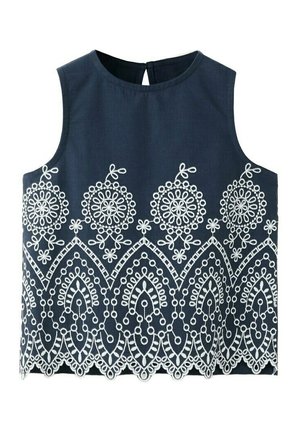 Haut sans manches bleu marine avec une broderie florale blanche circulaire et festonnée le long du bas et au milieu, doté d'une fermeture à boutons dans le dos.