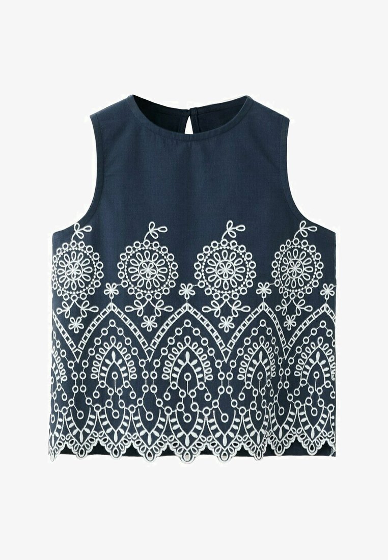 Haut sans manches bleu marine avec une broderie florale blanche circulaire et festonnée le long du bas et au milieu, doté d'une fermeture à boutons dans le dos.