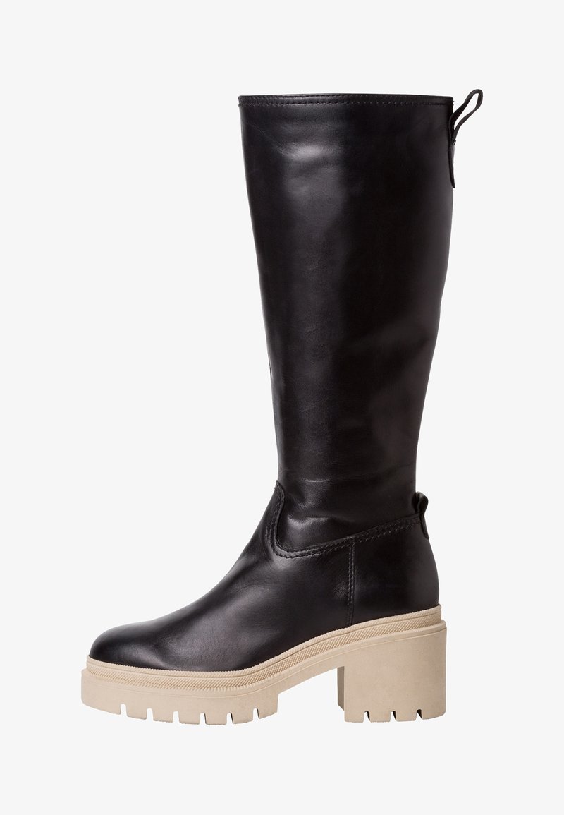 Knee-high black leather boots with a chunky beige platform sole and a textured finish. Features a pull tab at the back for easy wear.