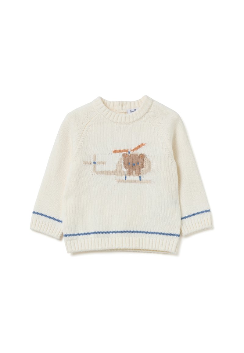 Cremfarbener Strickpullover mit runder Halslinie, der ein Hubschraubermotiv in Braun und Blau aufweist. Mit Bündchen und Saum in Rippenstruktur und blauen Akzenten.