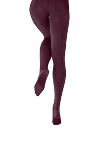 Bordowe rajstopy dzianinowe z fakturowanym wzorem, półprzezroczystym wykończeniem oraz prostym fasonem z stopą, odpowiednie do różnych stylizacji.