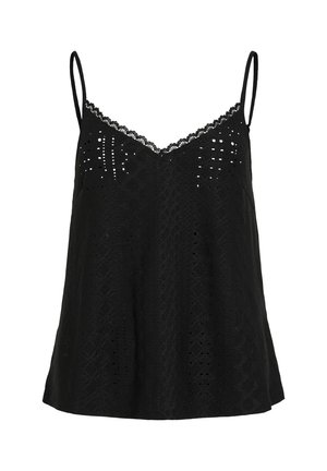 Camiseta negra sin mangas con encaje, que presenta un patrón texturizado y detalles recortados. Tirantes finos tipo espagueti y un corte holgado en el dobladillo.