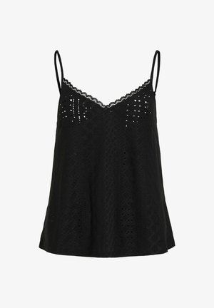 Sort top med blonder, der har et tekstureret mønster og udskæringer. Tynde spaghetti-stropper og en løstsiddende pasform ved kanten.