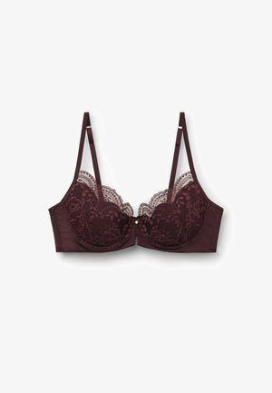Burgundy kant beha met semi-doorzichtige cups, bloemenpatroon, verstelbare bandjes en een centrale strikaccent. Glad materiaal met golvende randen.