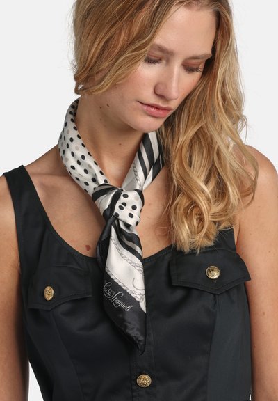 Svilena marama u crno-bijeloj boji, s točkicama i prugama. Zavezana oko vrata, s diskretnim logotipom i sjajnim završetkom.