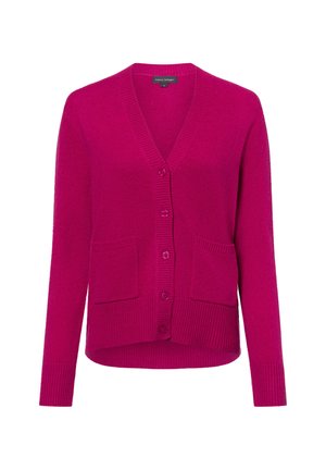Magenta Cardigan mit V-Ausschnitt, langen Ärmeln, gerippten Bündchen und zwei aufgesetzten Taschen vorne. Vorderer Knopfverschluss. Weiches Material.