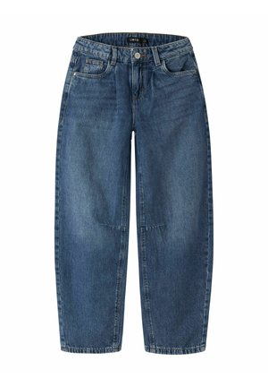 Blå denimjeans med høj talje, knap- og lynlåslukning, bæltestropper og standard fem-lomme design.