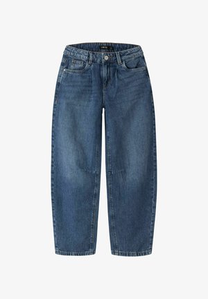 Jean en denim bleu taille haute, fermeture par bouton et fermeture éclair, passants de ceinture, design classique à cinq poches.