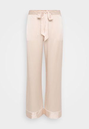 Pantaloni a gamba larga in satin rosa chiaro con vita legata, caratterizzati da una texture liscia e un bordo in satin a contrasto all'orlo.