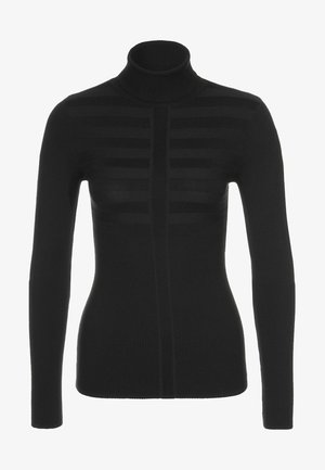 Maglione aderente a collo alto nero con maniche lunghe e un motivo sottile a righe orizzontali a coste sul petto.