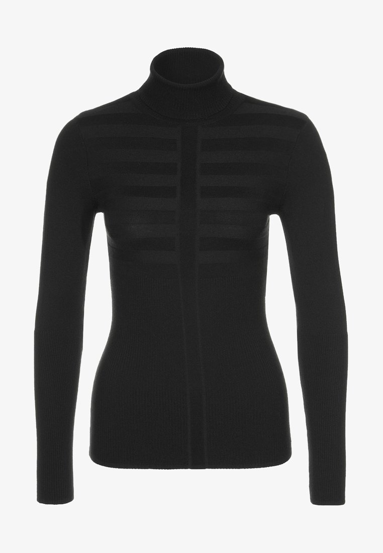 Pull noir moulant à col roulé avec manches longues et motif subtil de rayures horizontales côtelées sur la poitrine.