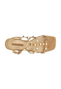 Beige semišové sandály na podpatku se zlatě tónovanými dekoracemi, otevřená špička, čtvercový podpatek a nastavitelné zapínání kolem kotníku pro bezpečné uchycení.