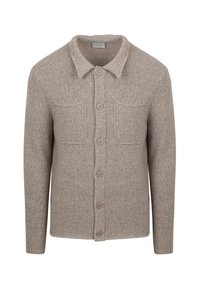 Lichtbruine gebreide cardigan met een kraag, sluiting met zes knopen en twee borstzakken. Zachte textuur en casual ontwerp.