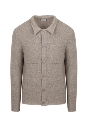 Light brown knit cardigan with a collared neck, six button closure, and two chest pockets. Soft texture and casual design.
